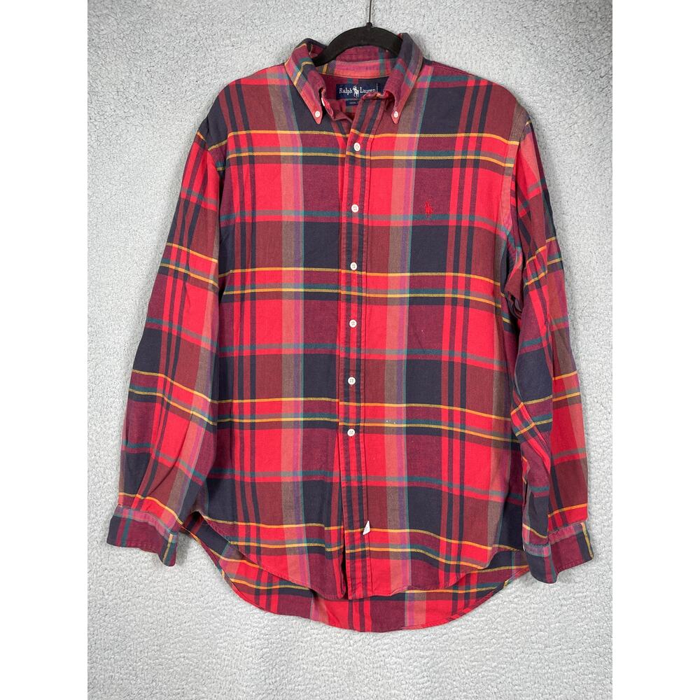 Vintage Ralph Lauren Mens Size L Cotton Red Multi Plaid Button Up Shirt